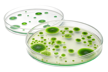 E coli bacteria growing on a petri dish bright green colonies in a sterile lab png transparent background.
