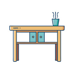 Illustration of wooden table with drawers and potted plant for home decor and furniture design ideas