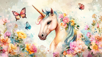 Colorful unicorn surrounded by vibrant flowers.