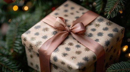 A Beautifully Wrapped Christmas Gift Under the Tree. A Festive Surprise for the Holidays, Filled with Joy and Warmth.
