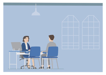woman on office environment have discussion sitting next to her customer service client with blue background	