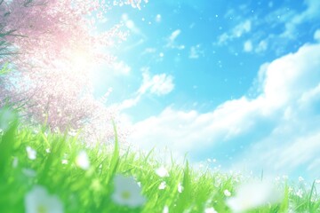 Obraz premium The bright sky and grassy field with blossoms and sunlight