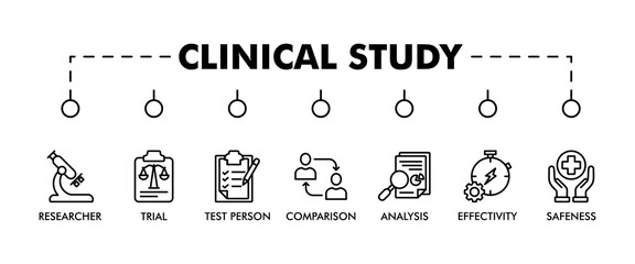 CLINICAL STUDY banner web icon vector illustration concept for clinical trial research with an icon of researcher, trial, test person, comparison group, analysis, effectivity, and safeness