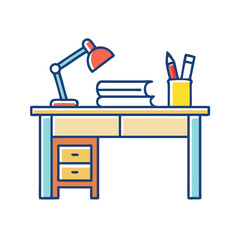 Illustration of study desk with lamp books and stationery for education and work from home concept