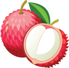 A bright red vector icon of a fresh Lychee (Lichu) with green leaves, placed on a white background