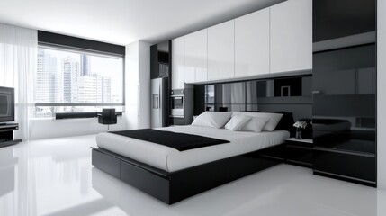 Fototapeta premium Modern black and white bedroom with city view. Interior design