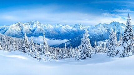 Obraz premium A snowy winter landscape at Hurricane Ridge, with fresh powder covering the evergreen trees and trails