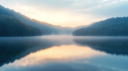 Obraz premium Misty Sunrise Over Mountain Lake (2)