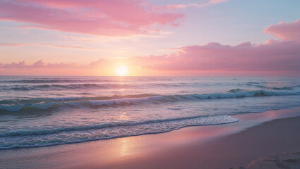 Obraz premium Calm beach with gentle waves and pastel sky at sunset