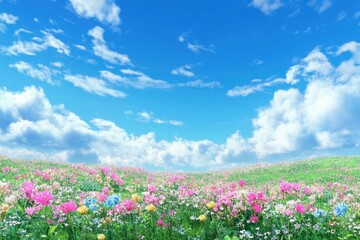 A beautiful meadow filled with colorful flowers under blue skies