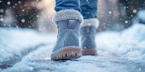 Kids' grey winter boots walking on snowy road from behind. Close-up of boots on snowy path, empty area for text, Generative AI
