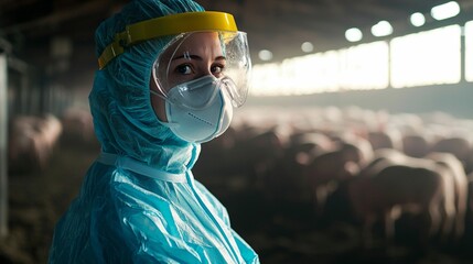 Veterinary Worker in Protective Gear with Pigs
