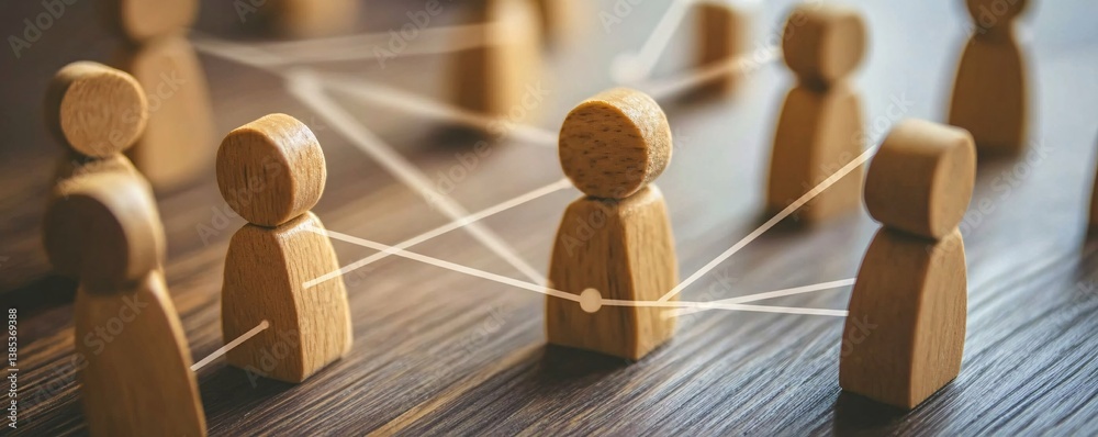 Poster Connecting wooden figures with lines to illustrate networking concept