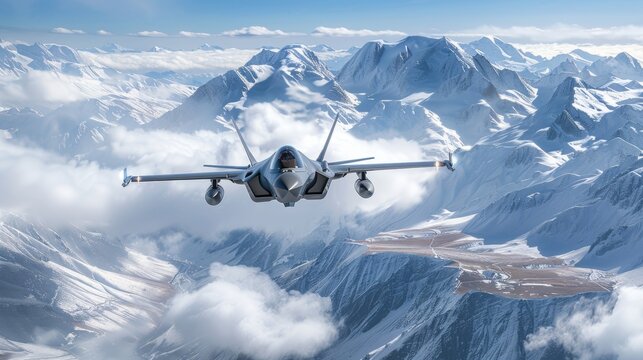 F 35 fighter jet flying high with clouds, patchwork fields, and snow capped mountains below