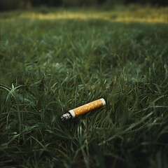 Discarded cigarette in grassy field