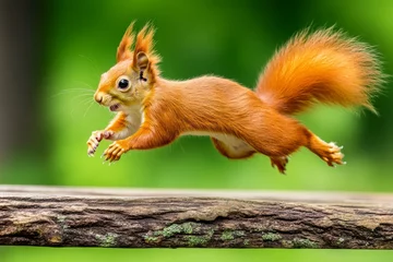 Poster de jardin Écureuil A squirrel jumping from a branch onto a wooden picnic table  © Thammarong