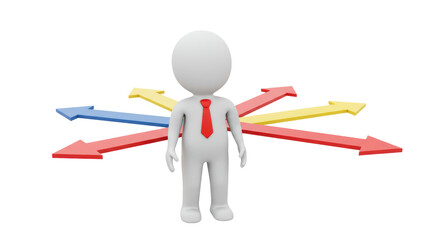 Isolated Stick Figure Facing Multiple Directional Arrows