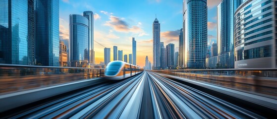 High-speed train in futuristic city.