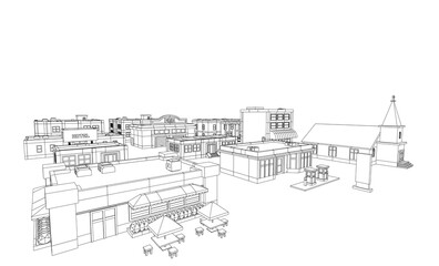 Obraz premium A cityscape with a large building in the background. The buildings are tall and the sky is clear