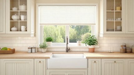 Kitchen window with lightweight blinds keeping space bright but cool