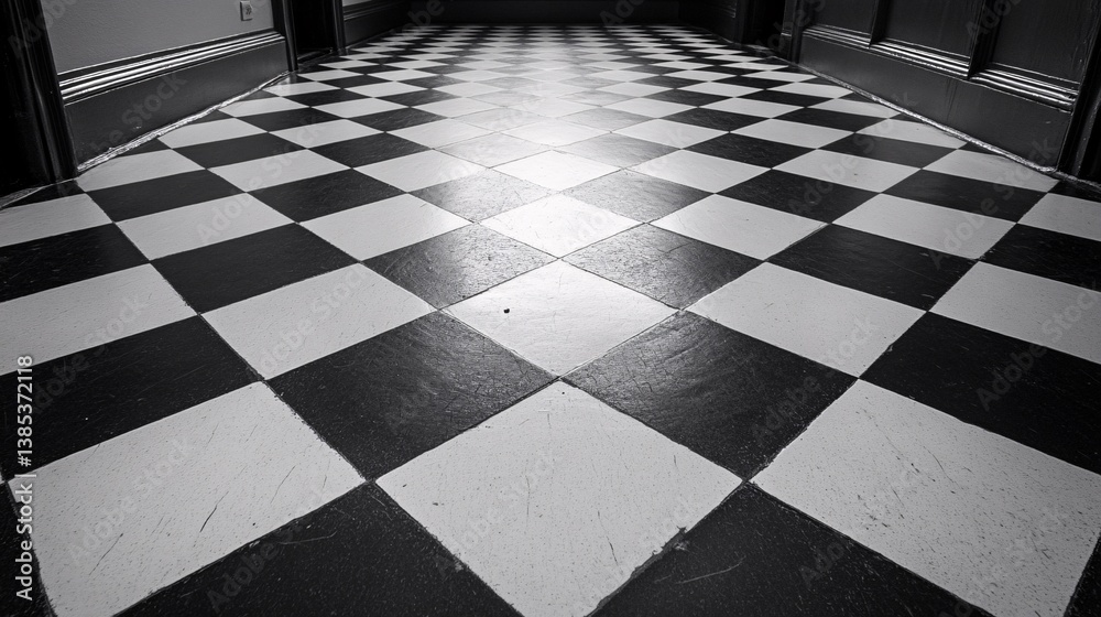 Aufkleber black and white checkered floor tiles showing a pathway between two rooms