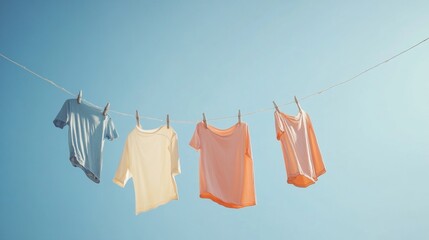 Colorful t-shirts drying on clothesline against clear blue sky