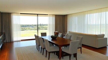 Fototapeta premium Large curtain panels drawn to one side letting indirect sunlight in