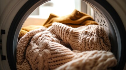 Cozy knit sweaters in laundry dryer
