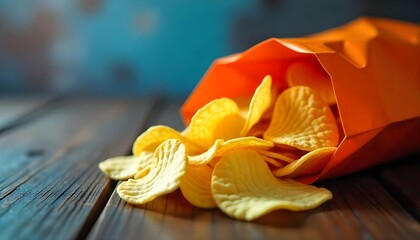 A pile of potato chips spilling out of an orange paper bag. The chips are golden brown in color and appear to be freshly baked. The bag is sitting on a wooden surface, and the background is blurred.