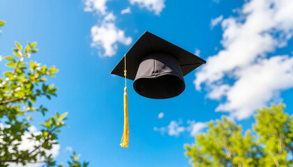 Graduation cap floating against blue sky, achievement celebration