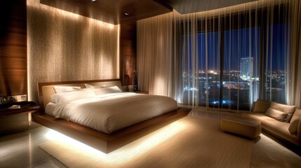 Luxurious Bedroom with Floating Wooden Bed and Soft White Bedding