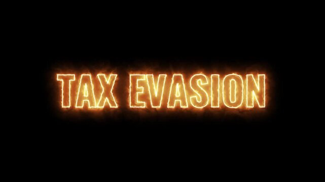 Tax Evasion Burning Text Animation, Fiery Financial Crime Visual, Glowing Fire Effect Background Overlay
