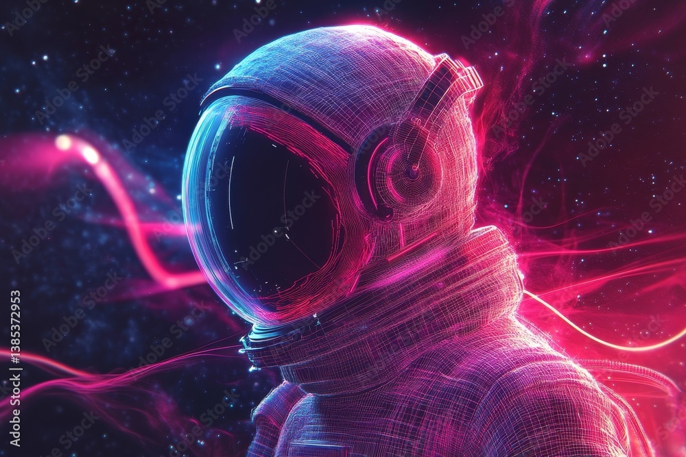 Poster neon glowing retro astronaut spaceman background design. synthwave wireframe net illustration. abstr
