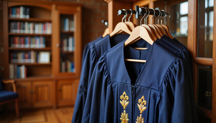 Graduation gowns hanging in library, symbolizing academic achievement