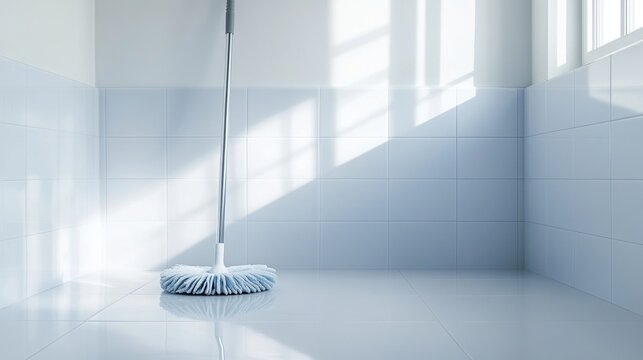 Bright clean tiled bathroom interior with mop and natural light