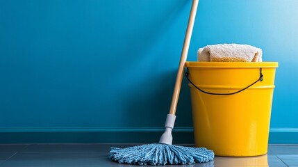 Cleaning tools: blue mop and yellow bucket with towel on blue background