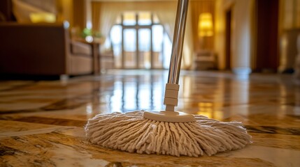 Close-up of mop on shiny marble floor in luxurious living room with sunlit background