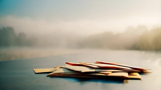 Stack of Envelopes on Misty Lake Sunrise Background Peaceful Outdoors Scenery