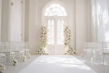 Fototapeta premium Elegant Wedding Backdrop Ceremony Indoor with floral decoration in modern venue