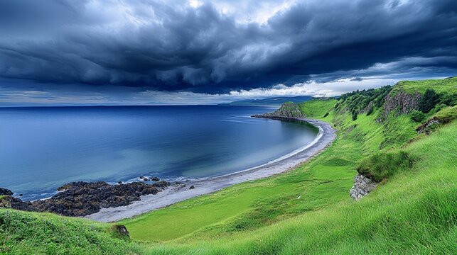 A storm rolling in over the Isle of Skye, dark clouds gathering above the wild coastline