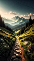 Mountain trail at sunrise