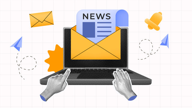Halftone collage, Email newsletter with laptop hand gesture on keyboard, opened envelope,  and news alert. SEO on email marketing, digital news, subscription renewal