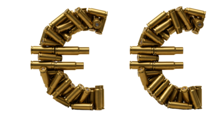 Isolated Euro Currency Symbol Constructed from Bullet Casings in Detailed Arrangement