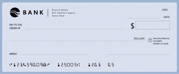 Bank check, vector blank money cheque, checkbook template with guilloche pattern and fields. Currency payment coupon, money check background