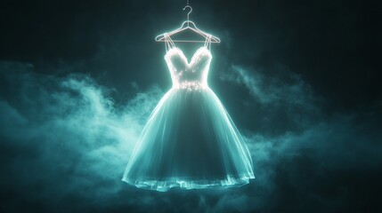 Glowing elegant dress on hanger in mysterious misty atmosphere