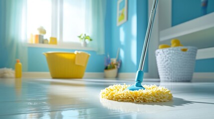 Sunlit kitchen cleaning scene with blue mop and yellow bucket