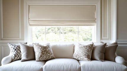 Fototapeta premium Sunny room with fabric Roman blinds covering window top half