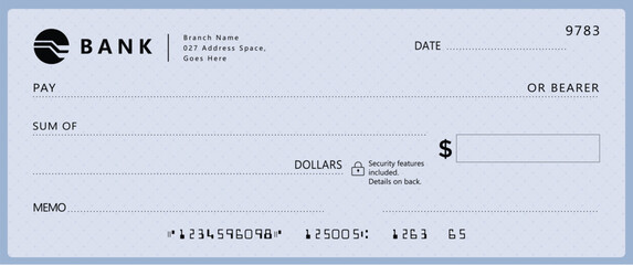 Bank check, vector blank money cheque, checkbook template with guilloche pattern and fields. Currency payment coupon, money check background