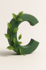 Green 3D letter C, made of solid material with a matte surface, standing on a light background. Wrapped in fresh green vines that gently follow the letter's contours. Perfect for nature, eco, or susta