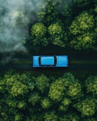 Fathers Day Road Trip Adventure Vintage Blue Classic Car Exploring Misty Summer Landscape - Nostalgic Family Travel and Outdoor Exploration Narrative